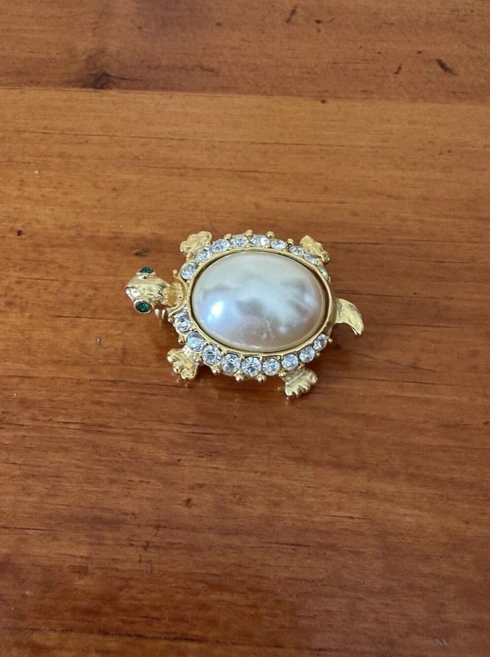 Vintage Faux Pearl Turtle Brooch Gold Tone Rhinestone Shell Green Crystal Eyes